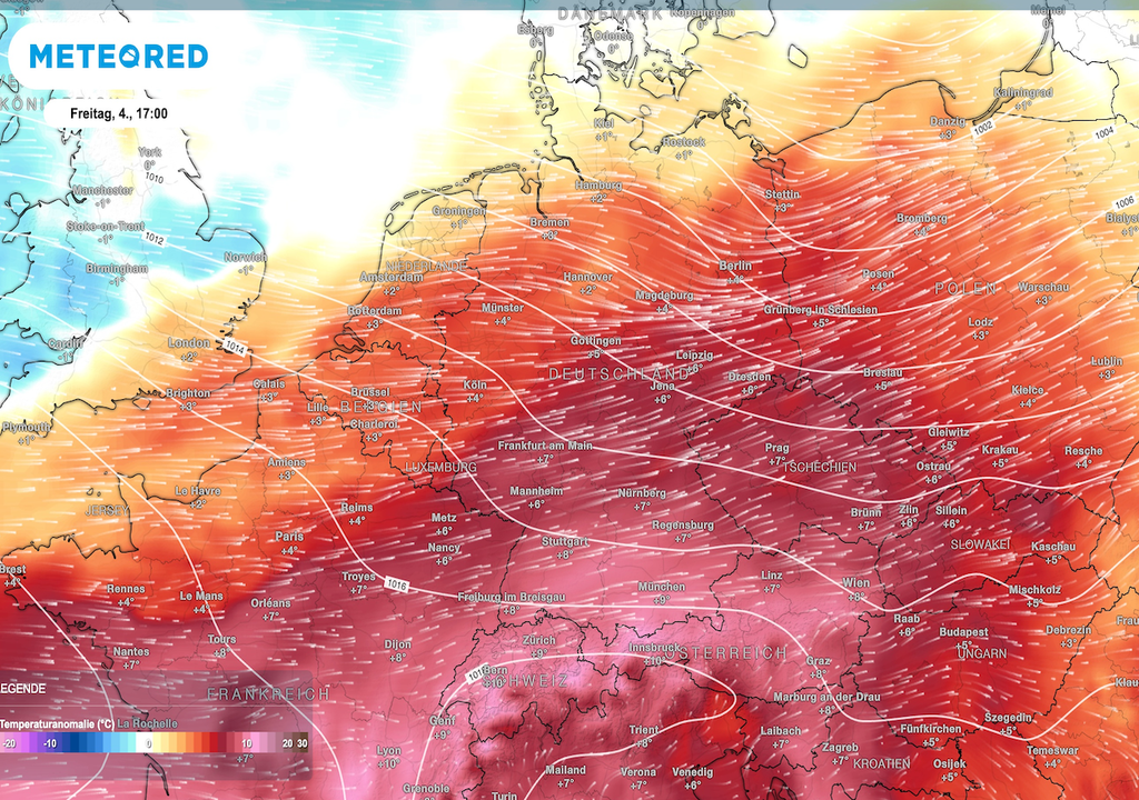 Ungewöhnlich warme Luft, ECMWF-Karte, Temperaturen, Wärmeüberschuss, Süden Deutschlands Ungewöhnlich warme Luft über euren Köpfen: Die ECMWF-Karte zeigt, wie stark die Temperaturen in rund 1.500 Metern Höhe (850 hPa) vom langjährigen Vergleichswert abweichen – mit deutlichem Wärmeüberschuss über dem Süden Deutschlands.