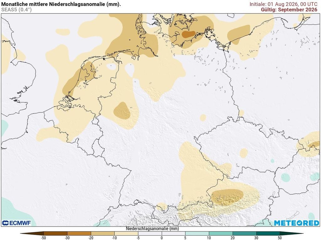 ecmwf, september, niederschlag Auch das europäische Wettermodell ECMWF sieht in seiner neusten Prognose keine Hinweise auf Entspannung der Dürrelage. Wenig Regen, regional sogar deutlich zu trocken.