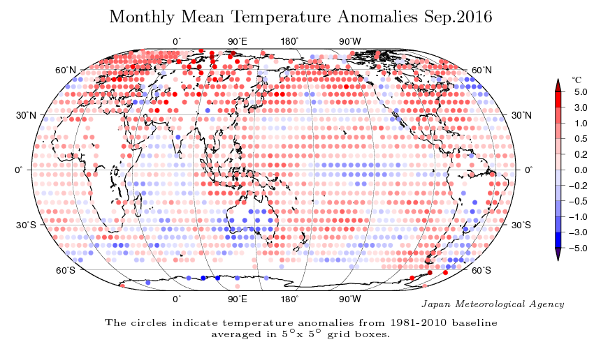Distribución de anomalías superficiales a escala global para septiembre de 2016