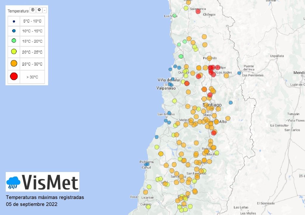 Temperaturas máximas registradas; Chile central Temperaturas máximas registradas; Chile central