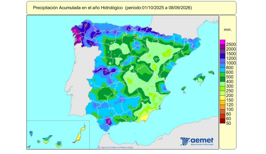 Precipitación acumulada en el año hidrológico 2025-2026, desde el 1 de octubre de 2025 hasta el 8 de septiembre de 2026. AEMET