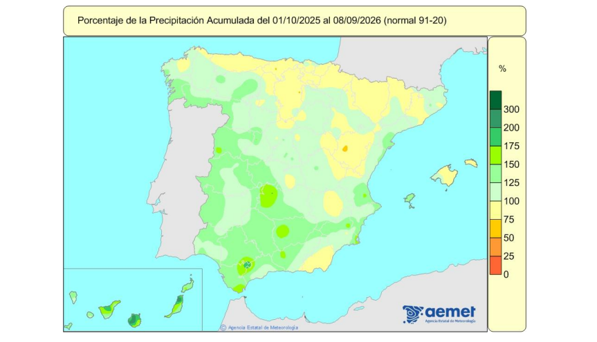 Ídem pero en porcentaje de precipitación acumulada para las mismas fechas. AEMET