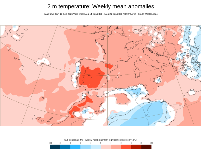 Anomalías semanales de temperatura entre el 14 y 20 de septiembre 2026: cálidas y por encima de lo normal en escala de rojos y negativas y por debajo de lo normal en escala de azules. ECMWF