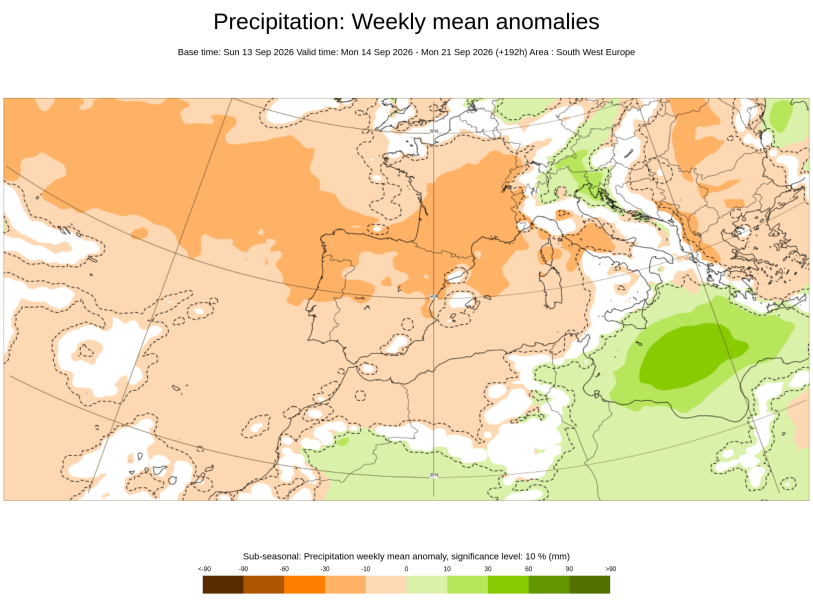 Anomalías de precipitación para el mismo periodo: zonas en verde con anomalías positivas y en naranja, con anomalías negativas. ECMWF