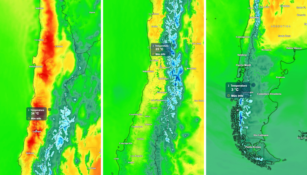 El inicio de septiembre mostrará fuertes contrastes térmicos en Chile: hasta 34 °C en sectores del norte, tardes cercanas a 23 °C en la zona central y apenas 3 °C de máxima en áreas australes, reflejando un país dividido entre calor, ambiente templado y frío.