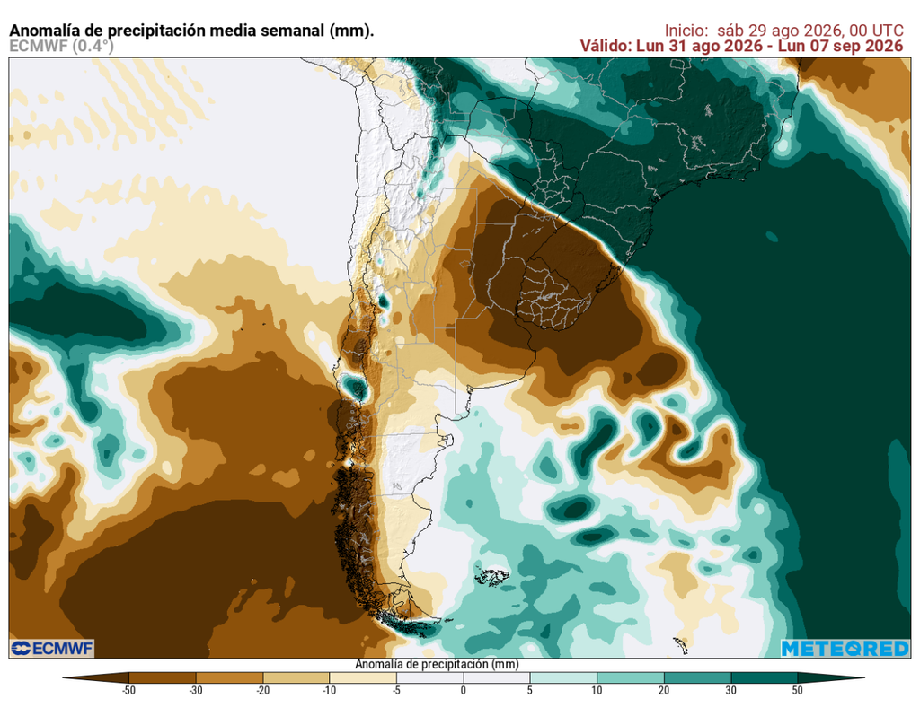El ECMWF proyecta una semana más seca de lo normal en gran parte de Chile, con déficits de precipitación especialmente marcados desde la zona central hacia el sur.