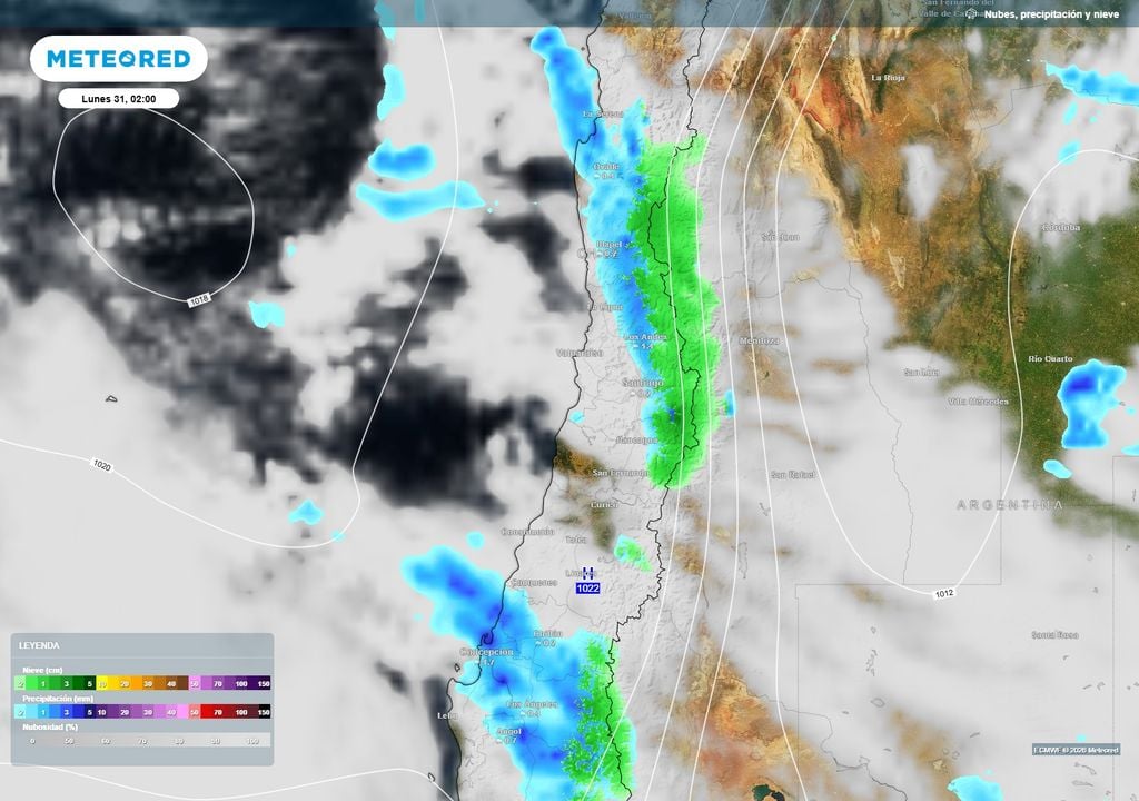 El lunes 31 todavía persistirá inestabilidad entre la zona central y el centro-sur, con precipitaciones débiles y sectores con nieve en cordillera, antes del avance de condiciones más estables.