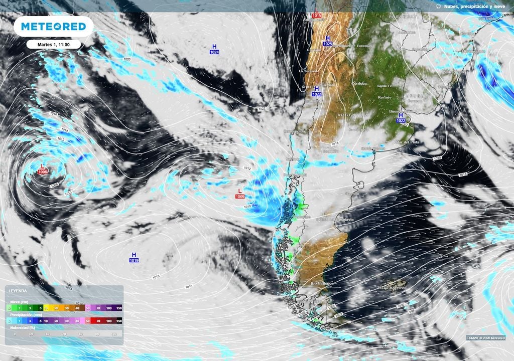 El martes 1, un sistema frontal avanzará por el sur de Chile, manteniendo lluvias entre el Biobío y Aysén, mientras las altas presiones favorecerán mayor estabilidad hacia la zona central.