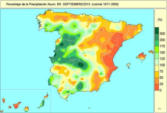 Septiembre De 2013, Cálido Y Ligeramente Seco Precipitaciones septiembre-2013En la primera decena de septiembre las precipitaciones afectaron a la mitad norte peninsular, Baleares y sureste. Las más importantes, con cantidades que superaron localmente los 100 mm., se registraron en algunas áreas de Cataluña y del nordeste de Navarra. La segunda decena fue seca en general, de forma que sólo se registraron precipitaciones significativas en la franja cantábrica, así como en Baleares, Cataluña, centro peninsular y algunas áreas del tercio sur y Canarias. Las cantidades más importantes, del orden de los 40 mm., se registraron en la isla de Ibiza y en Guipúzcoa.En los 4 últimos días de la tercera decena, las precipitaciones se extendieron por la mayor parte de España. Fueron intensas y persistentes, con cantidades superiores a los 100 mm. en áreas de Galicia, oeste de Castilla y león, norte de Extremadura y oeste y centro de Castilla-La Mancha. El episodio de precipitaciones intensas más significativo de septiembre fue el que afecto a las regiones del tercio oeste peninsular entre los días 27 y 30, que dio lugar a cantidades acumuladas superiores a 150 mm. en algunos puntos. La precipitación diaria más importante registrada en un observatorio principal correspondió a Ciudad Real con 65,2 mm. el día 30, valor que supera el anterior registro de precipitación diaria en septiembre de la serie de dicha estación.Fuente: AEMET www.aemet.es