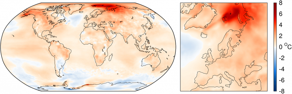 Anomalía de la temperatura superficial del aire durante los 12 meses que finalizaron en septiembre el año 2016 con relación a la media de 1981-2010. Fuente: ERA-Interim. (Crédito: ECMWF, Copernicus Climate Change Service)
