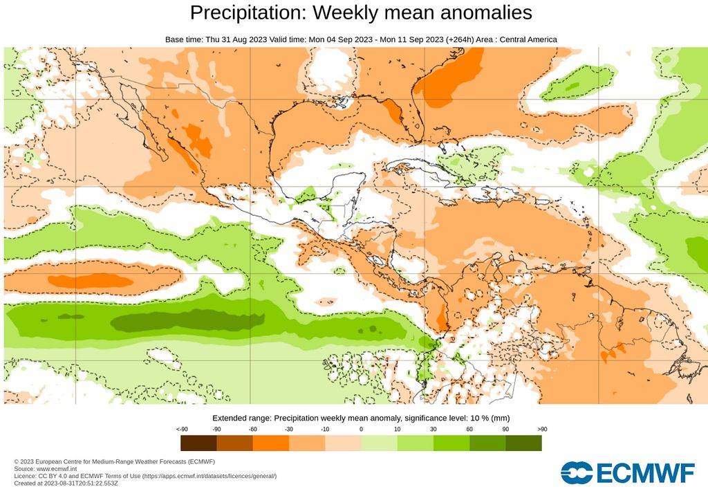 Modelo ECMWF - Anomalía de lluvias en milímetros
