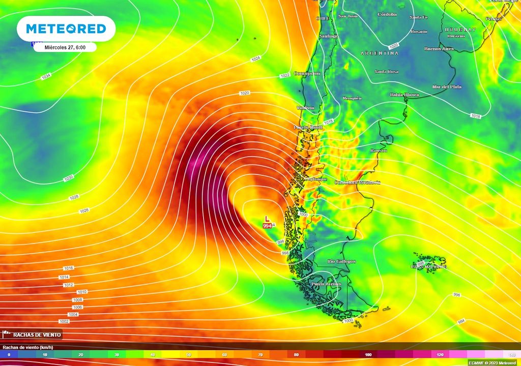 rachas de viento previstas, asociadas a la aproximación de una baja presión a la Patagonia. rachas de viento previstas, asociadas a la aproximación de una baja presión a la Patagonia.