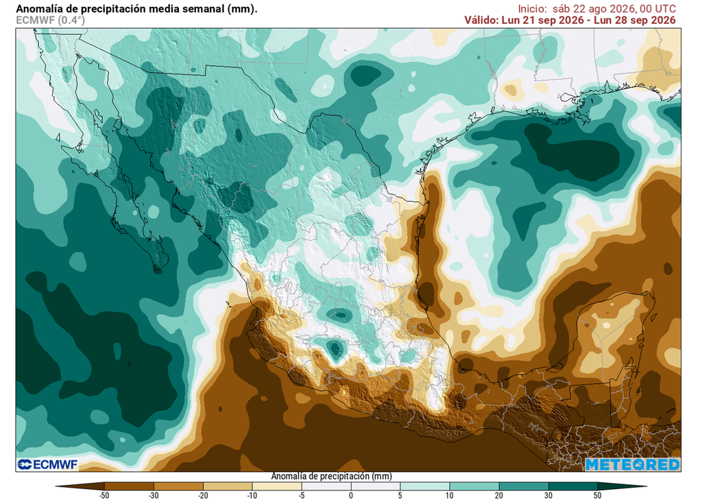 Anomalía de precipitaciones en septiembre Conforme transcurra septiembre, lluvias aumentarán en gran parte del país con amenaza de ciclones y efectos de frente fríos, aunque puede haber déficit en el sur-sureste.