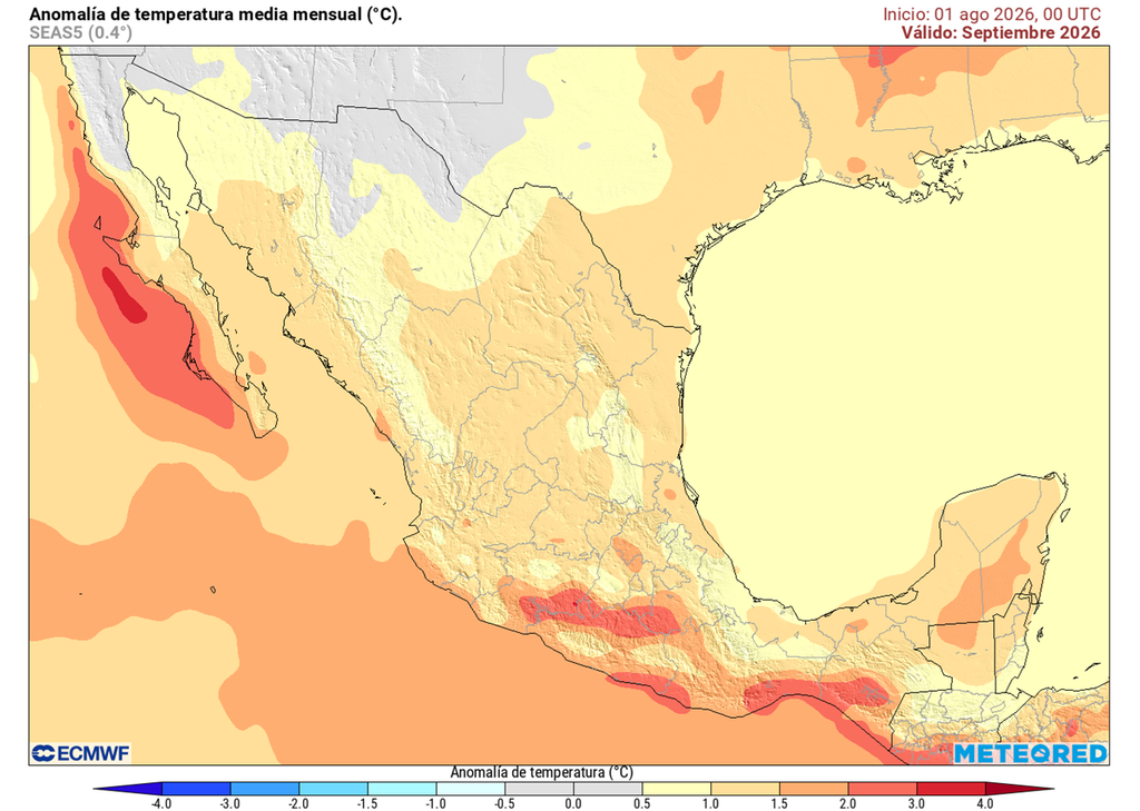 Anomalía de temperaturas en septiembre El mes comenzaría con gradual modulación térmica, esperándose que las lluvias refresquen en el pasar del mes y con las primeras masas polares; el Pacífico seguiría caluroso.