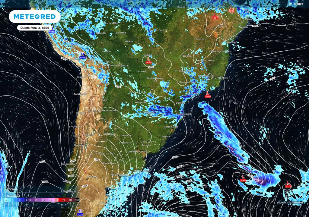 Previsão de chuva quinta-feira (03) à tarde, com a atuação da segunda frente fria da semana já no Sudeste.
