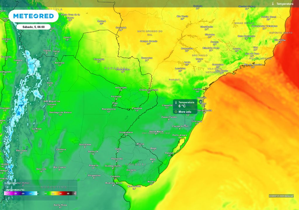 Previsão de temperatura mínima sábado (05), de acordo com o modelo ECMWF.