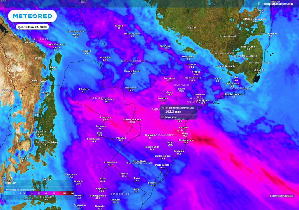 Previsão de chuva acumulada até o final de terça-feira (23), segundo o ECMWF. Previsão de chuva acumulada até o final de terça-feira (23), segundo o ECMWF.