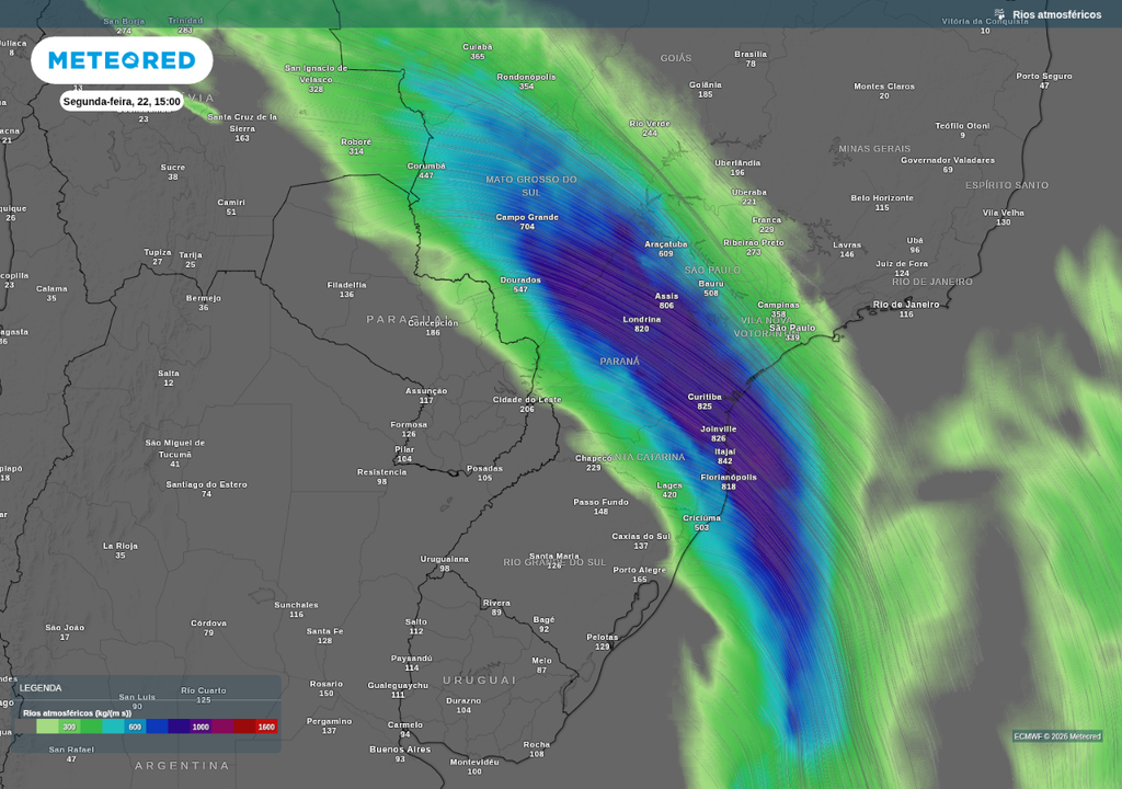 Previsão de rio atmosférico para segunda-feira (22), segundo o ECMWF.