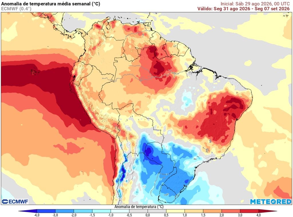 Anomalia de temperatura para a 31 de agosto a 7 de setembro, realça a área de atuação do ar frio.