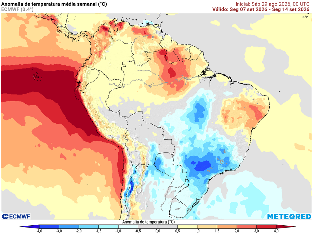Anomalia de temperatura para a 7 a 14 de setembro, realça a área de atuação do ar frio.