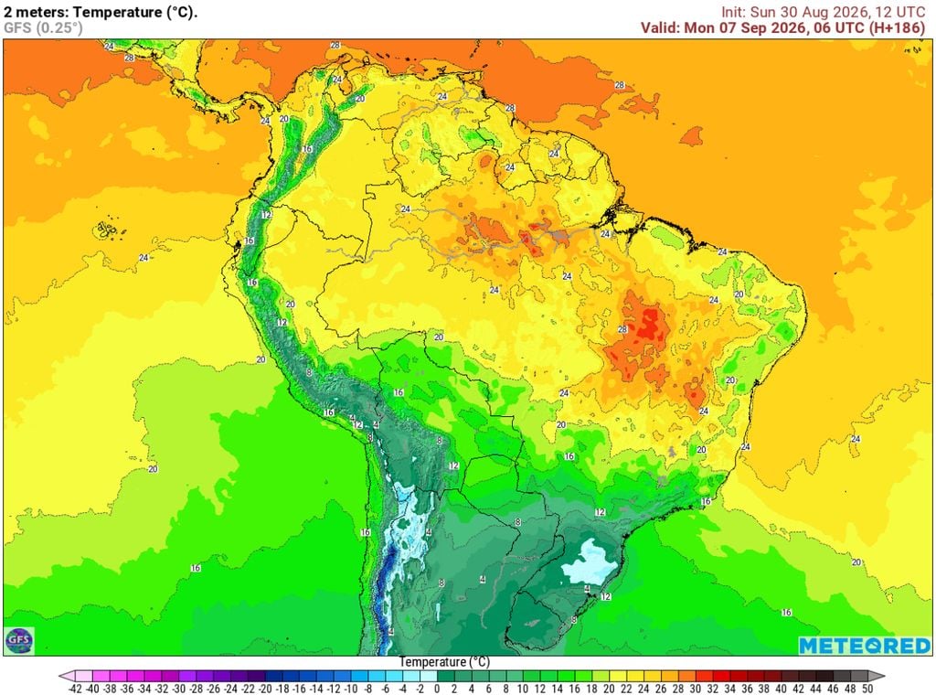 Temperaturas mínimas para a segunda-feira, 7 de setembro. Tendência da previsão sujeita a muita variação ao longo dos próximos dias.