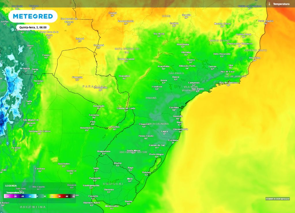 Previsão das temperaturas mínimas para a quinta-feira, 3 de setembro.