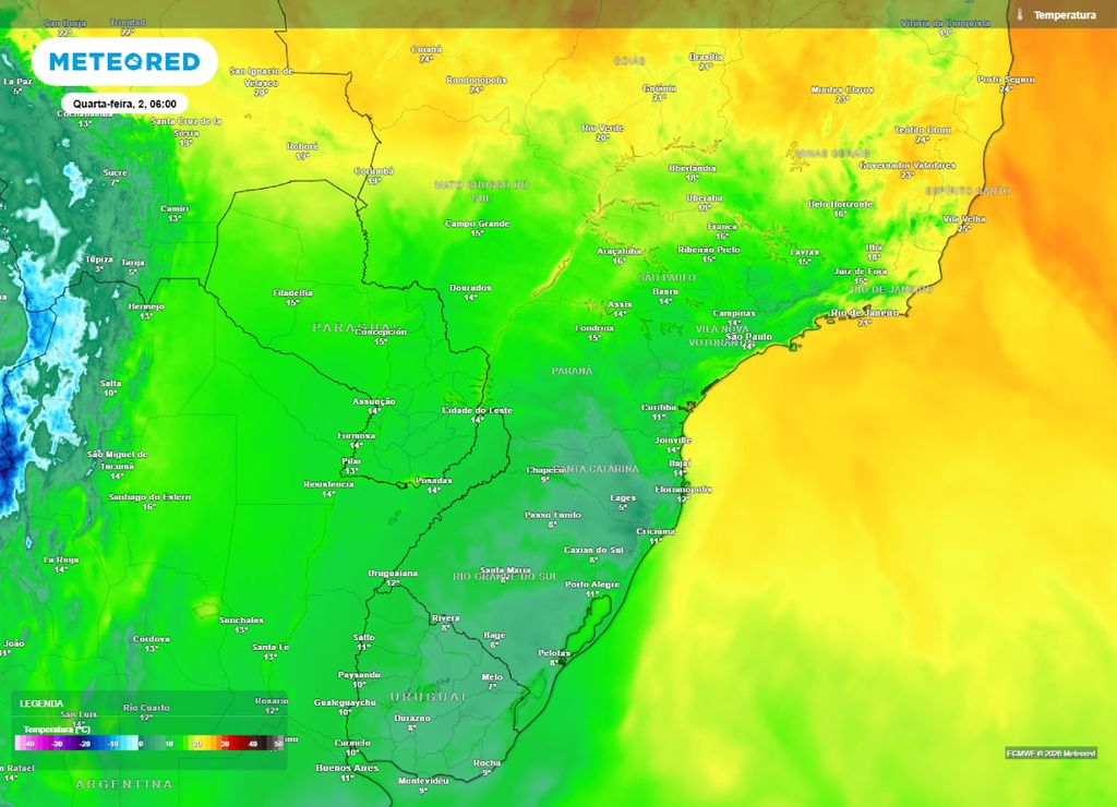 Previsão das temperaturas mínimas para a quarta-feira, 2 de setembro.