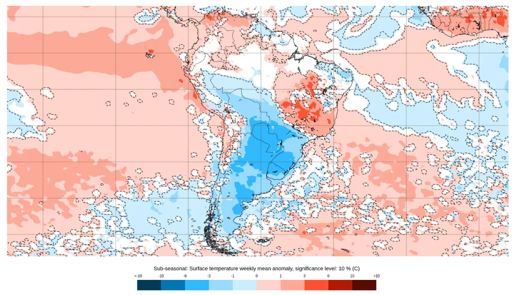 Previsão de anomalia semanal de temperatura entre 11 e 18 de maio, segundo o ECMWF. Créditos: ECMWF.