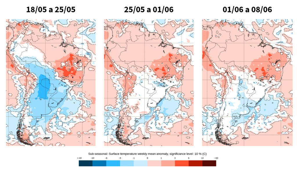 Previsão de anomalia semanal de temperatura entre 18 de maio e 8 de junho, segundo o ECMWF. Créditos: Elaborado por Meteored/Fonte: ECMWF.