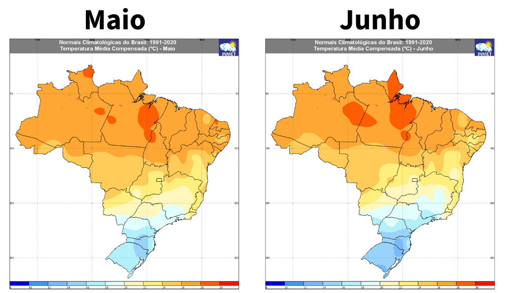 Temperatura média climatológica (1991-2020) de maio (esquerda) e junho (direita) segundo o INMET. Créditos: Elaborado por Meteored/Fonte: INMET.
