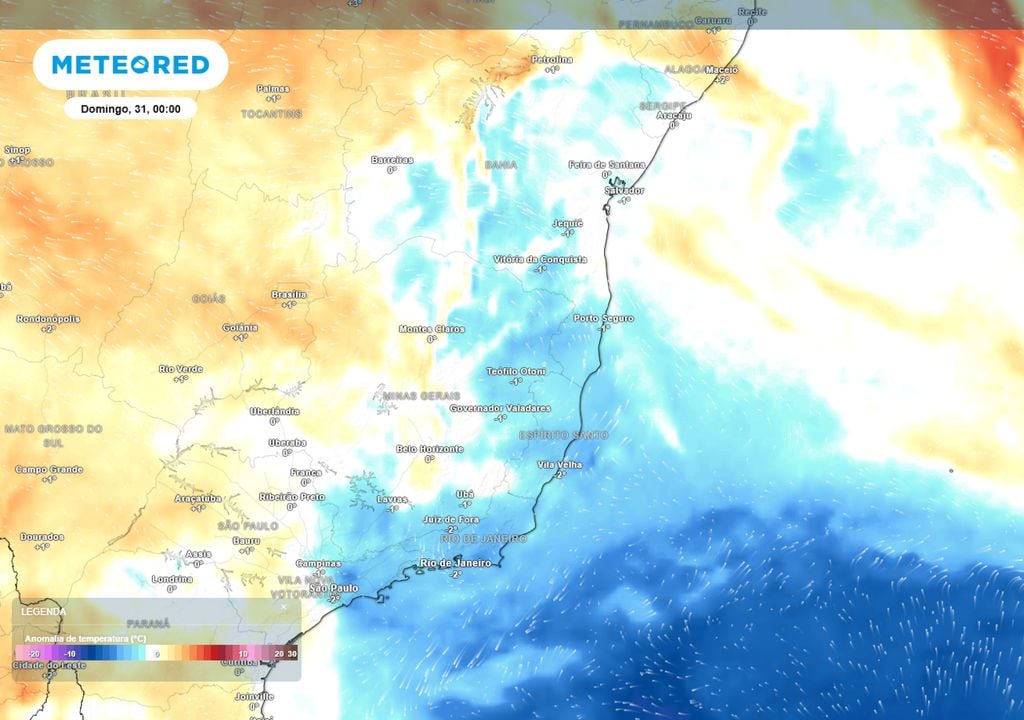 Previsão de anomalias de temperatura em 850 hPa neste domingo de madrugada mostra a massa de ar frio atuando sobre boa parte do Sudeste e parte do Nordeste do Brasil.