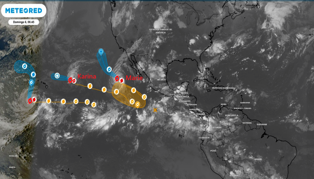Imagen infrarroja del 6 de septiembre de 2026 con zonas activas de ciclones tropicales vigiladas por el CNH, ver texto para detalles. Tiempo.com
