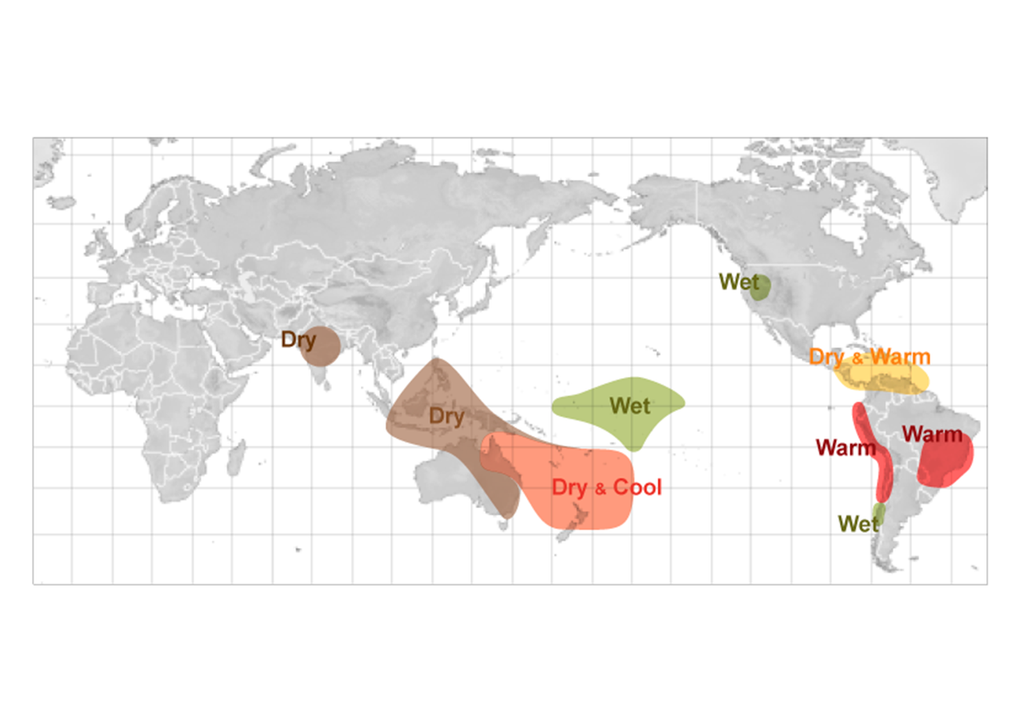 Os efeitos mais frequentes do El Niño entre junho e agosto, segundo a NOAA.