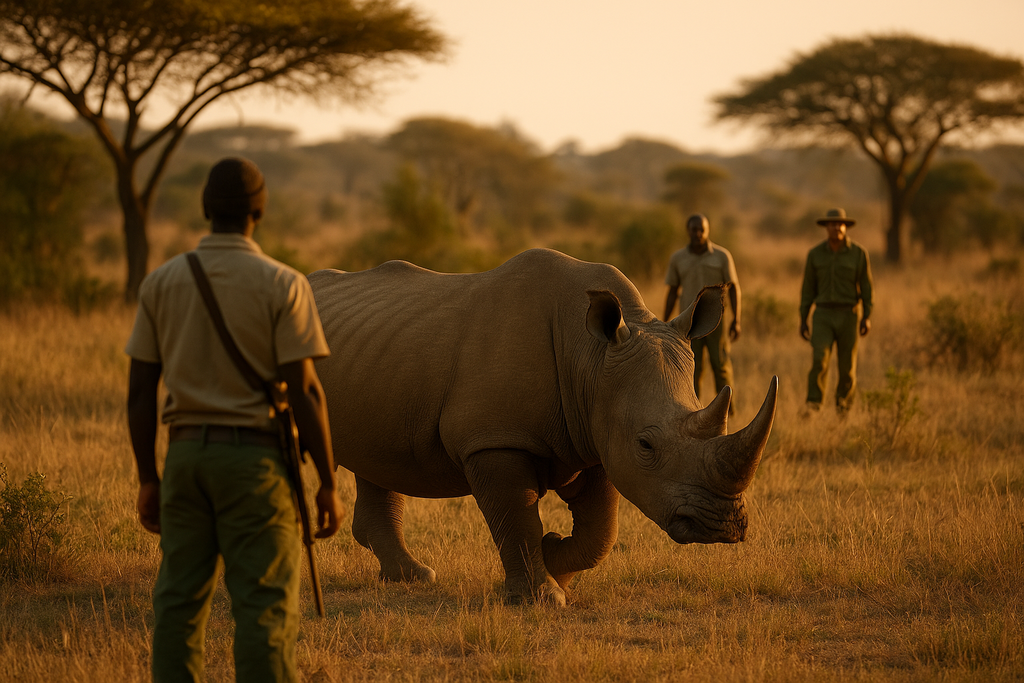 Guardaparques observan a un rinoceronte en la sabana africana durante el amanecer, símbolo de protección y conservación comunitaria. Guardaparques observan a un rinoceronte en la sabana africana durante el amanecer, símbolo de protección y conservación comunitaria.