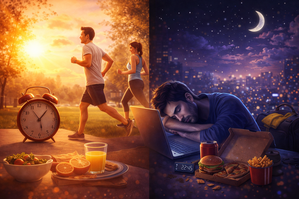 Las personas matutinas suelen concentrar su actividad física y alimentación durante el día, mientras que los vespertinos tienden a retrasar sus horarios, lo que puede afectar el descanso, el metabolismo y la salud muscular.