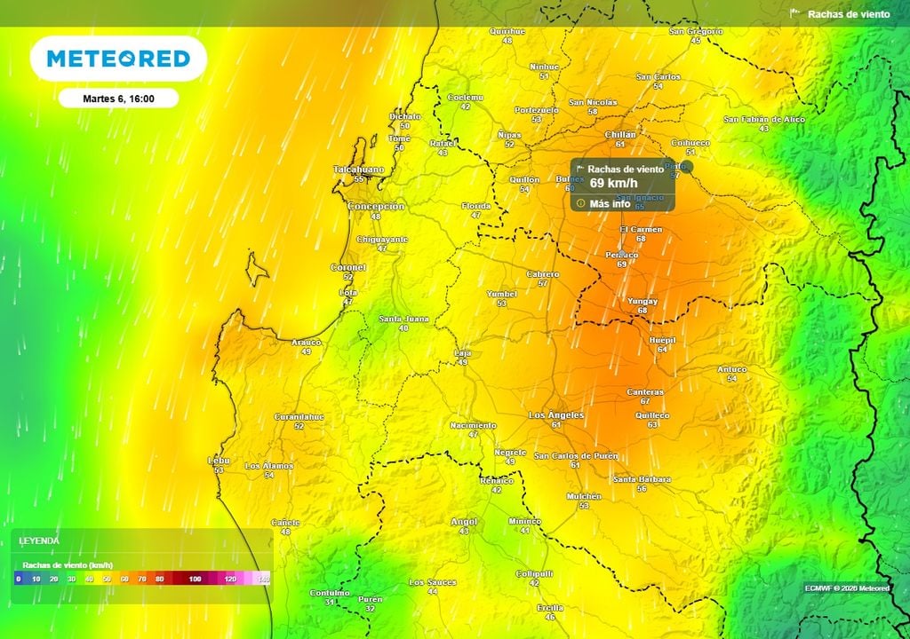 Ciclón extratropical se aproxima a Chile centro-sur Rachas de viento (km/h) para la tarde del martes (06) en las regiones de Ñuble y Biobío.