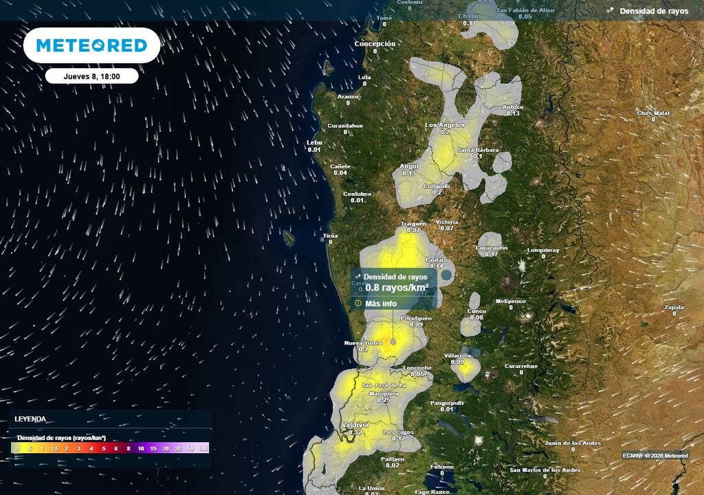 Ciclón extratropical se aproxima a Chile centro-sur Densidad de rayos (#/km2) para la tarde del jueves (08) en Chile centro-sur.