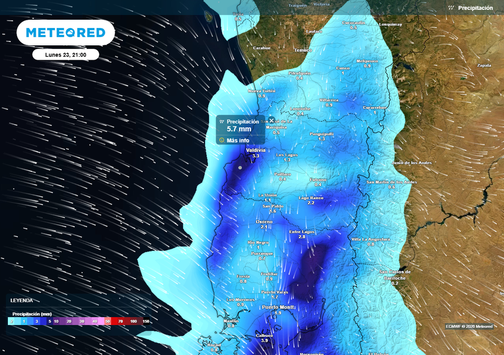 Precipitación (mm) para la noche del lunes 23 de marzo 2026 en la Región de Los Ríos.