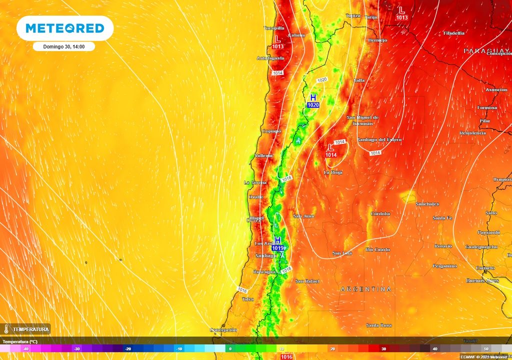 mapa de temperaturas previstas, del modelo ECMWF, que muestra altas temperaturas en el norte y centro de Chile