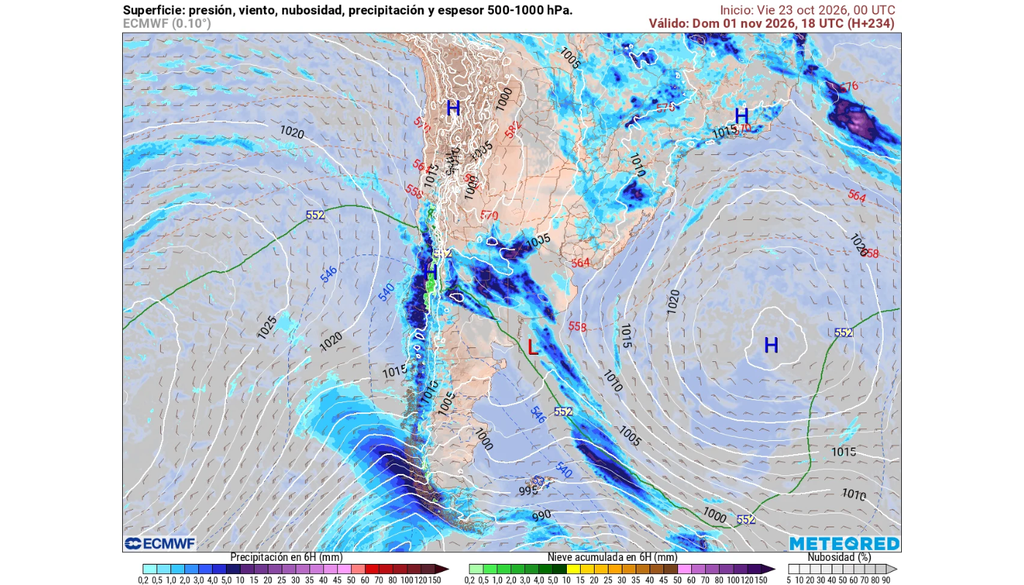 sistema frontal previsto Un frente frío típico de invierno podría dejar lluvias desde la zona austral hasta Coquimbo en el primer día de noviembre.