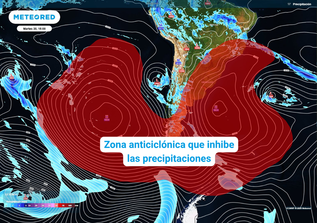 esquema de altas presiones Las altas presiones se apoderarán de la zona Austral, dejando espacio para que los ciclones extratropicales se desarrollen frente al Centro-sur de Chile.