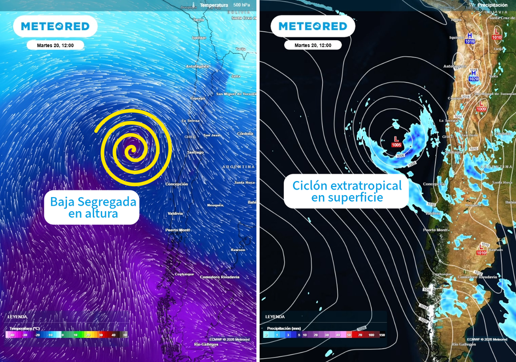 baja segregada y ciclón extratropical El desarrollo de un ciclón extratropical y una baja segregada serán responsables por un inicio de semana cargado de tormentas en el Centro-sur de Chile.