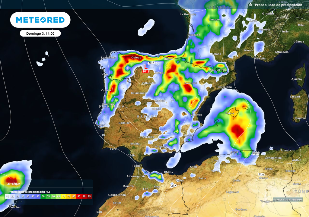A partir de las 14:00 h, las tormentas crecerán en el interior de la mitad norte y este peninsular.