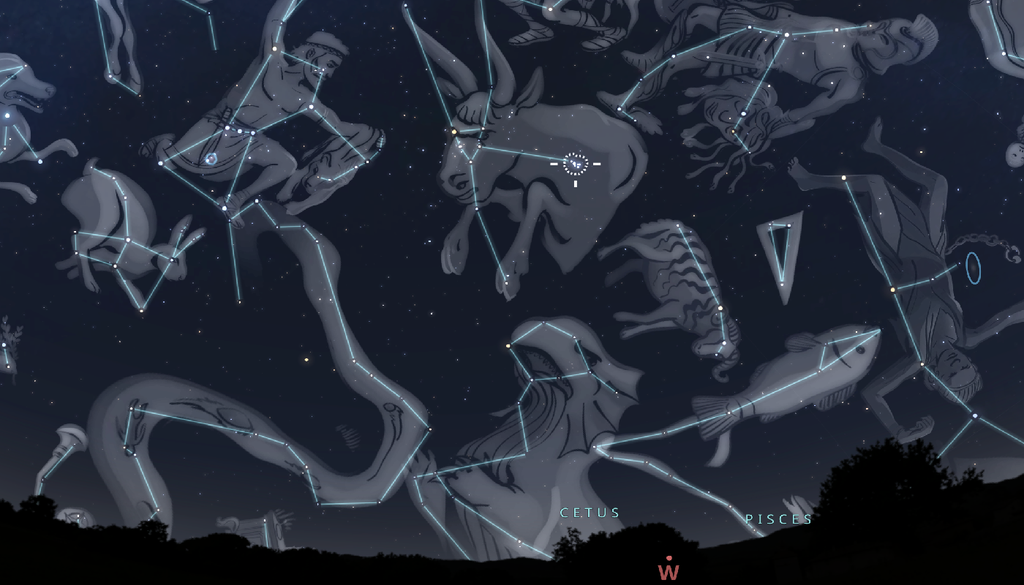 La costellazione del Toro, con il radiante delle Tauridi settentrionali, tra le costellazioni di Orione e di Perseo. Credit: Stellarium web
