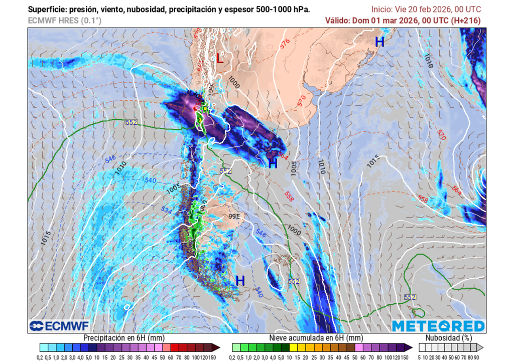 El modelo del ECMWF anticipa intensas lluvias para la zona central de Chile en los últimos días de febrero.