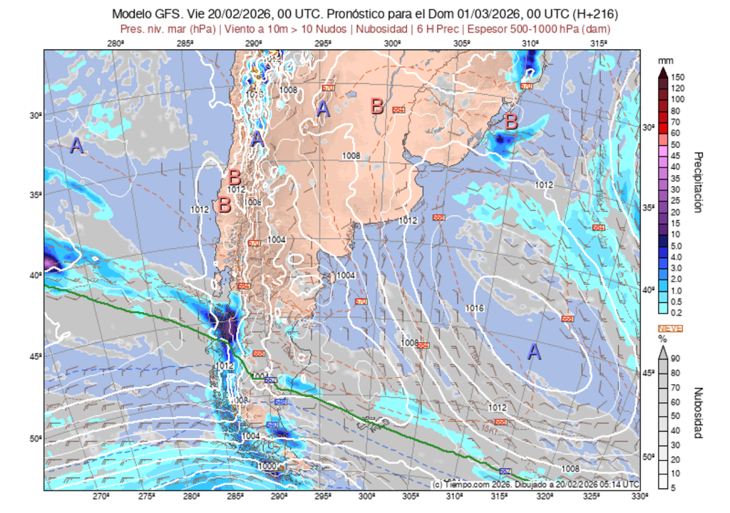 Posición de los centros de presión y frentes según el modelo GFS, para finales del mes de febrero.