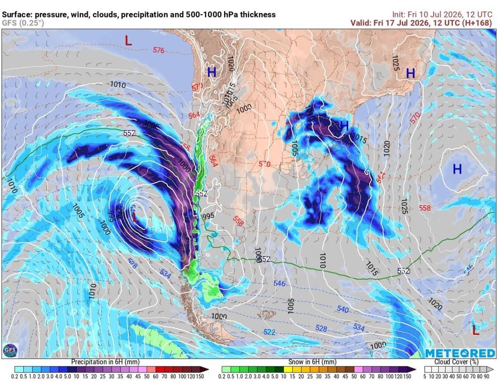 GFS Modelo GFS: amplio sistema frontal llegaría a la Región Metropolitana cerca del final de la semana laboral.