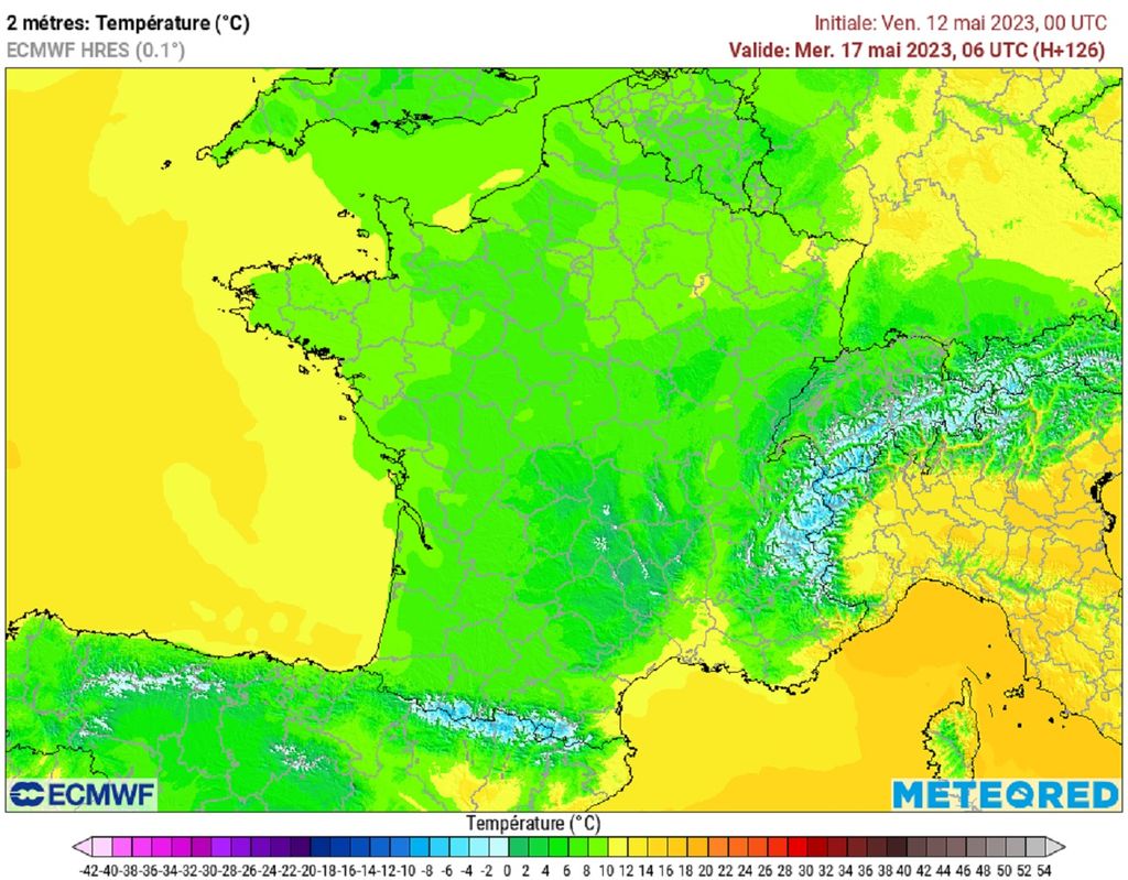 Mercredi prochain, le mercure affichera souvent moins de 5°C au réveil (modèle ECMWF). Mercredi prochain, le mercure affichera souvent moins de 5°C au réveil (modèle ECMWF).