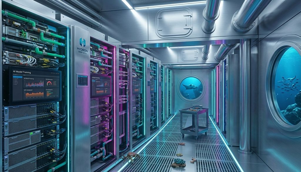 servidores de ia submarinos Si bien han demostrado que es posible operar centros de datos sumergidos con éxito, por el momento no parece ser la solución ideal al problema del enfriamiento de los servidores de IA. Imagen esquemática hecha con IA.