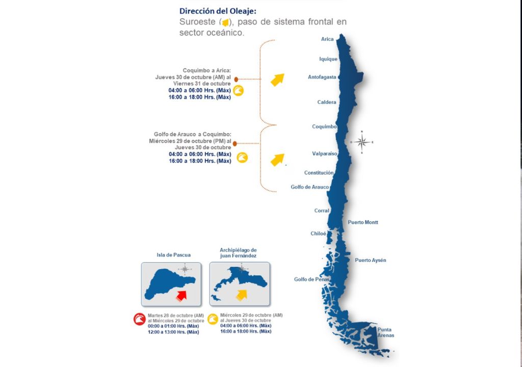 Mapa del aviso de marejadas emitido por la Armada de Chile, vigente del 29 al 31 de octubre de 2025. Mapa del aviso de marejadas emitido por la Armada de Chile, vigente del 29 al 31 de octubre de 2025.